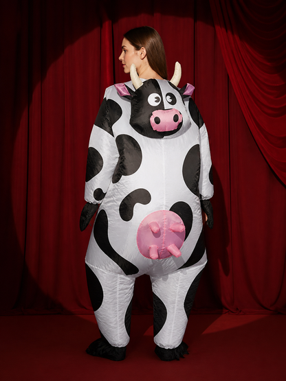 Adult Cow Onesie Costume with Horns, Spots, and Hood for Halloween back view