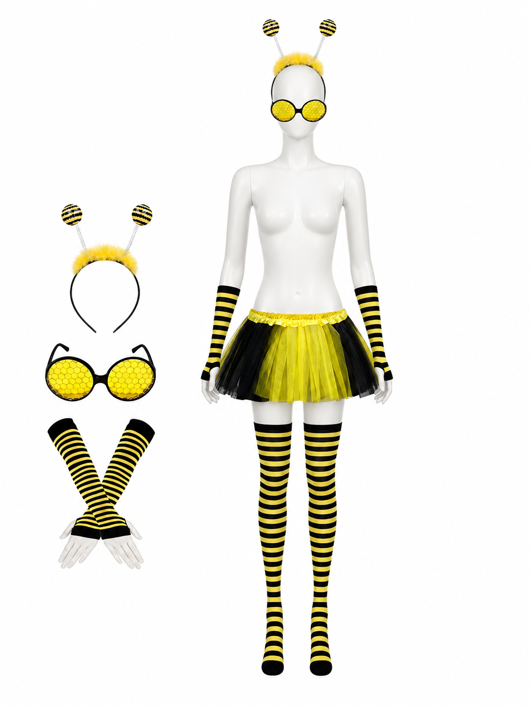 Bee Costume Accessories Set - Black Yellow Striped Headband, Glasses, Gloves & back view