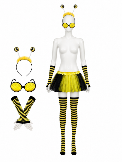 Bee Costume Accessories Set - Black Yellow Striped Headband, Glasses, Gloves & back view