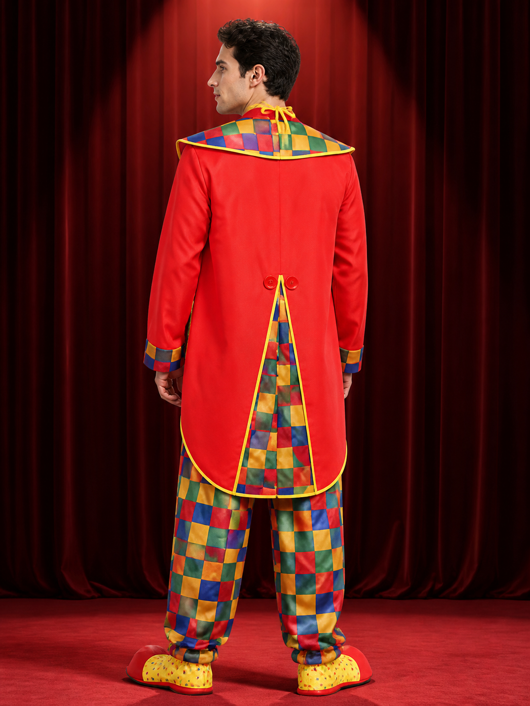 Unisex Jester Costume Set, Colorful Checkered Print with Bow Tie, Halloween back view