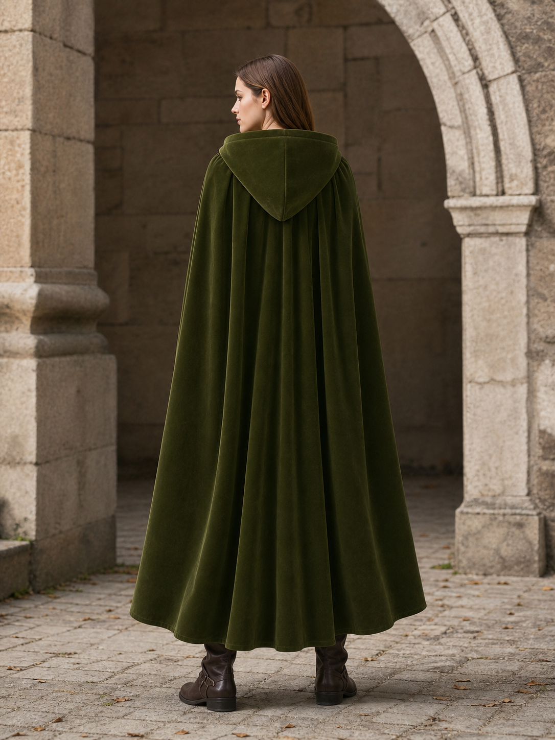 Medieval Fantasy Long Hooded Cape with Oversized Hood, Velvety-Look Green Exterior and Black Lining for Cosplay Events