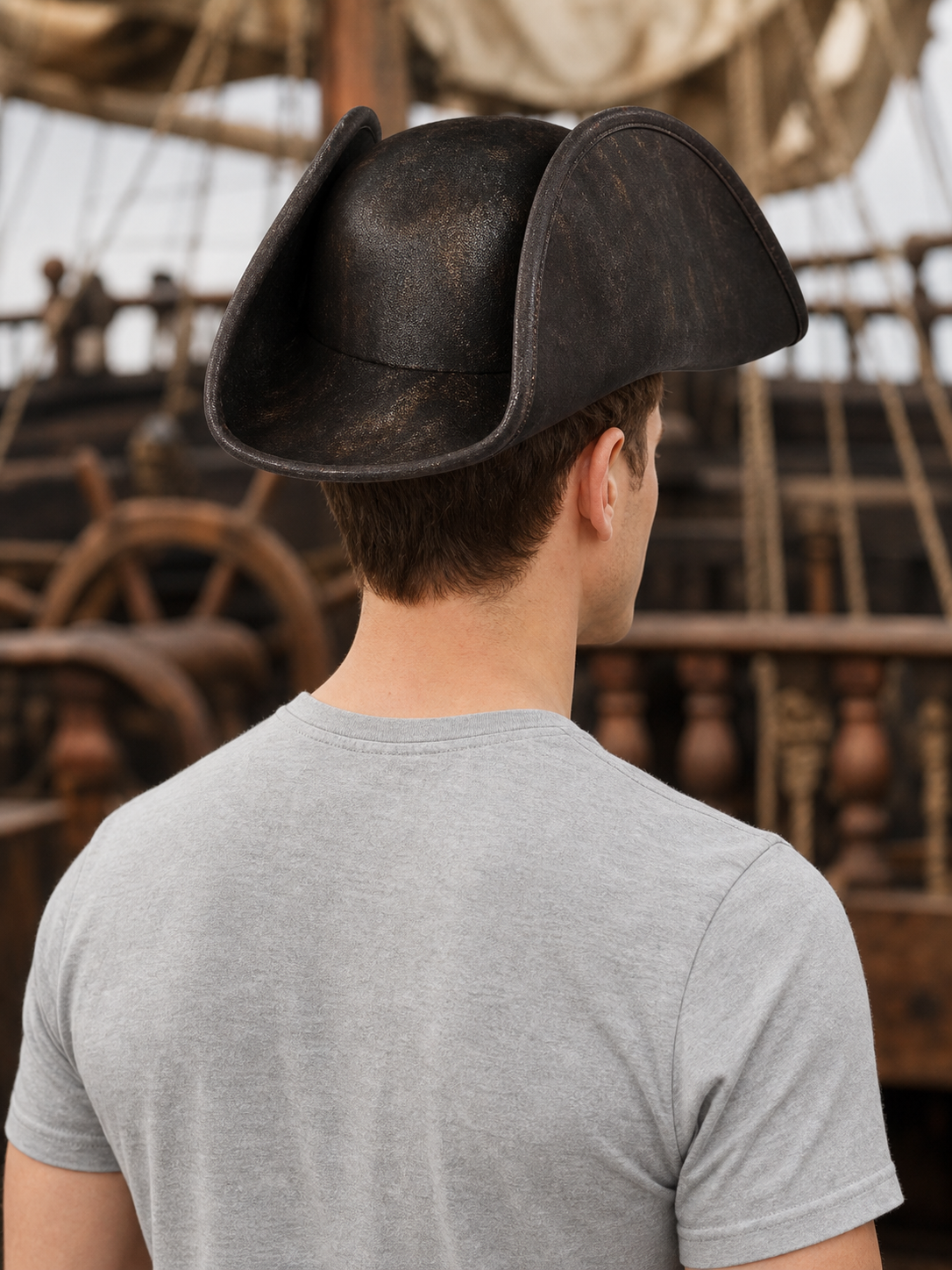 Pirate Tricorn Hat, Three-Cornered Costume Hat With Wide Curved Brim, Dark Gold Pattern And Stitched Edge For Cosplay Parties