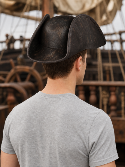 Pirate Tricorn Hat, Three-Cornered Costume Hat With Wide Curved Brim, Dark Gold Pattern And Stitched Edge For Cosplay Parties