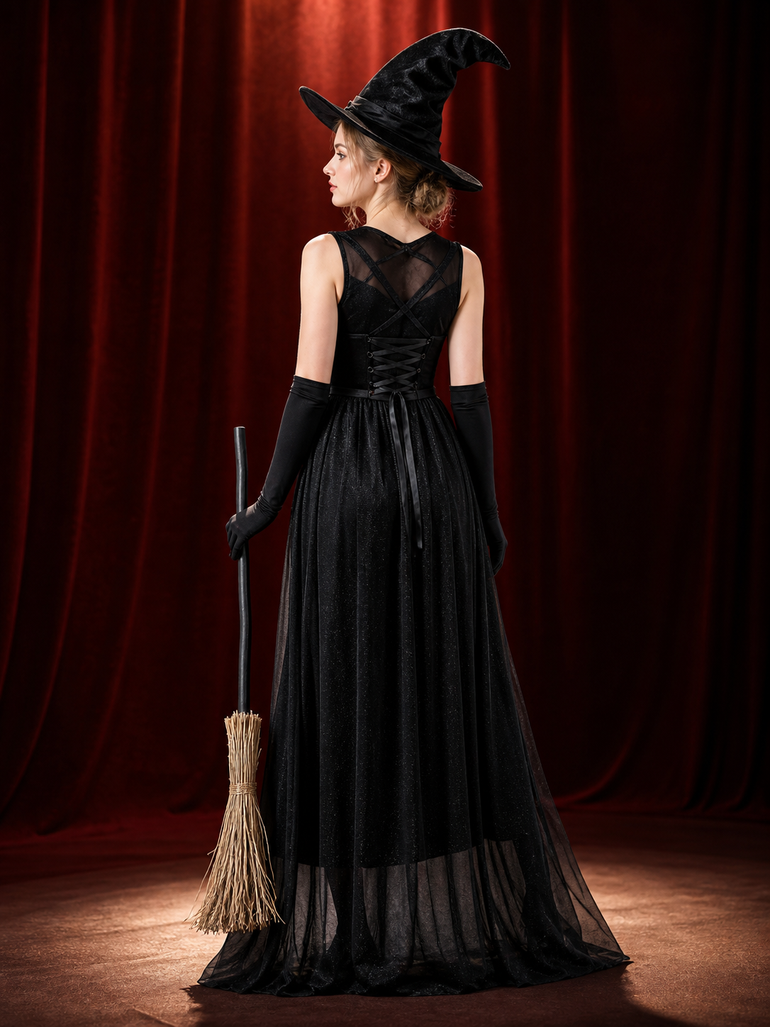 Witch Costume with Chiffon Skirt and Hat back view