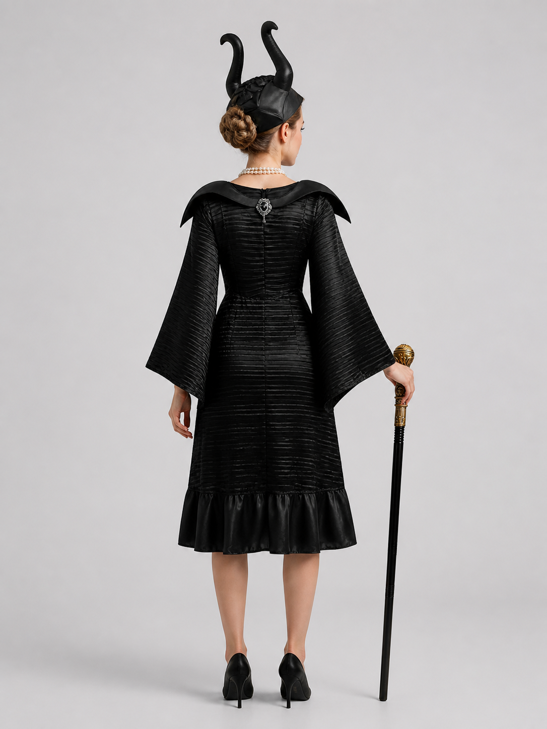 Maleficent Witch Costume with Hat and Staff for Halloween back view