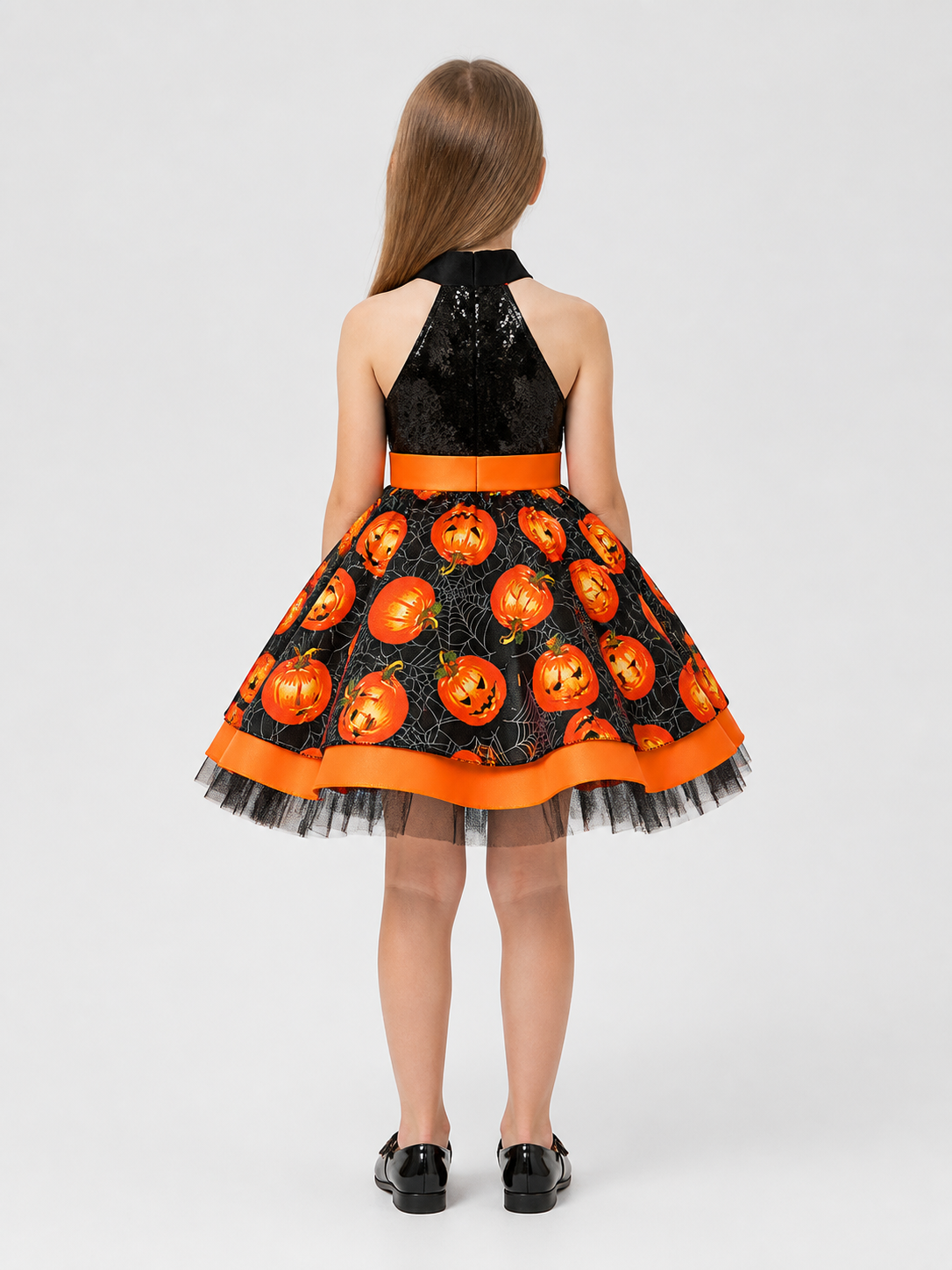 Halloween Dress with Pumpkins and Spiderwebs, Sequins back view