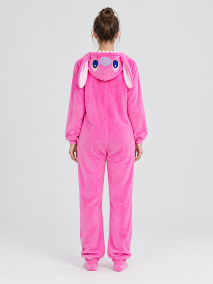 Pink Fleece Hooded Pajama Jumpsuit with Ears