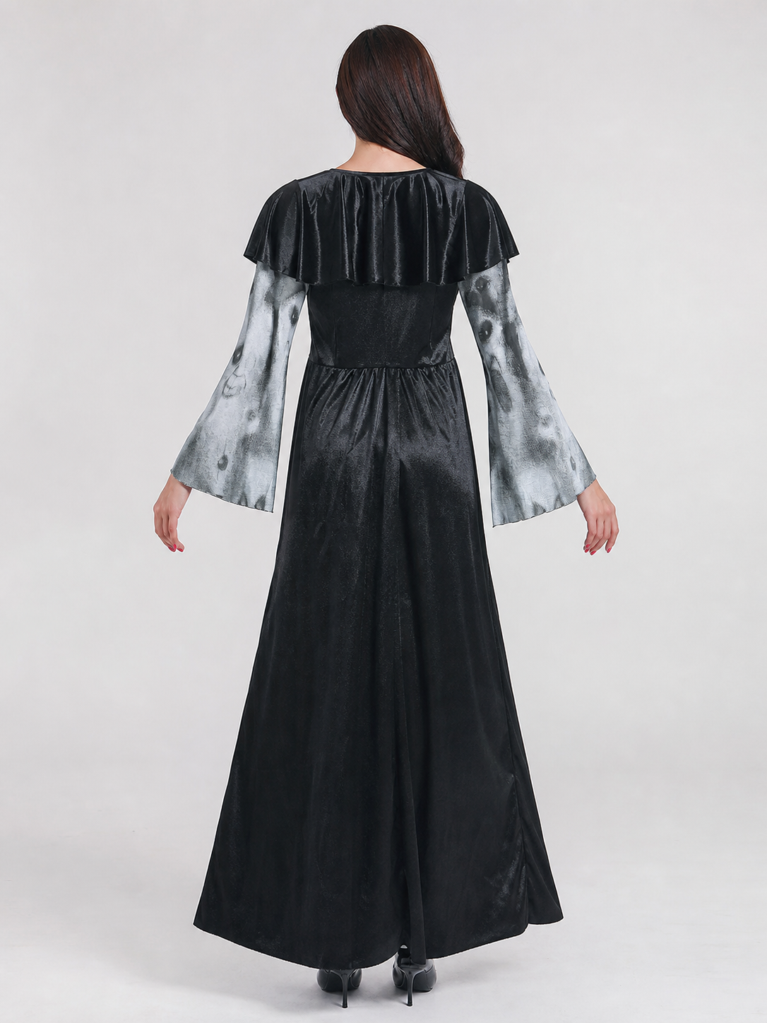 This costume dress for a Halloween look is designed in a gray-and-black color scheme. The dress features a distinctive ghost-face pattern positioned on the lower and middle sections of the garment, complemented by fabric inserts with a gray