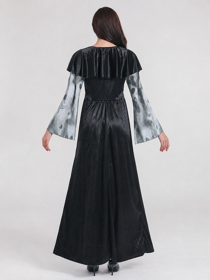 This costume dress for a Halloween look is designed in a gray-and-black color scheme. The dress features a distinctive ghost-face pattern positioned on the lower and middle sections of the garment, complemented by fabric inserts with a gray