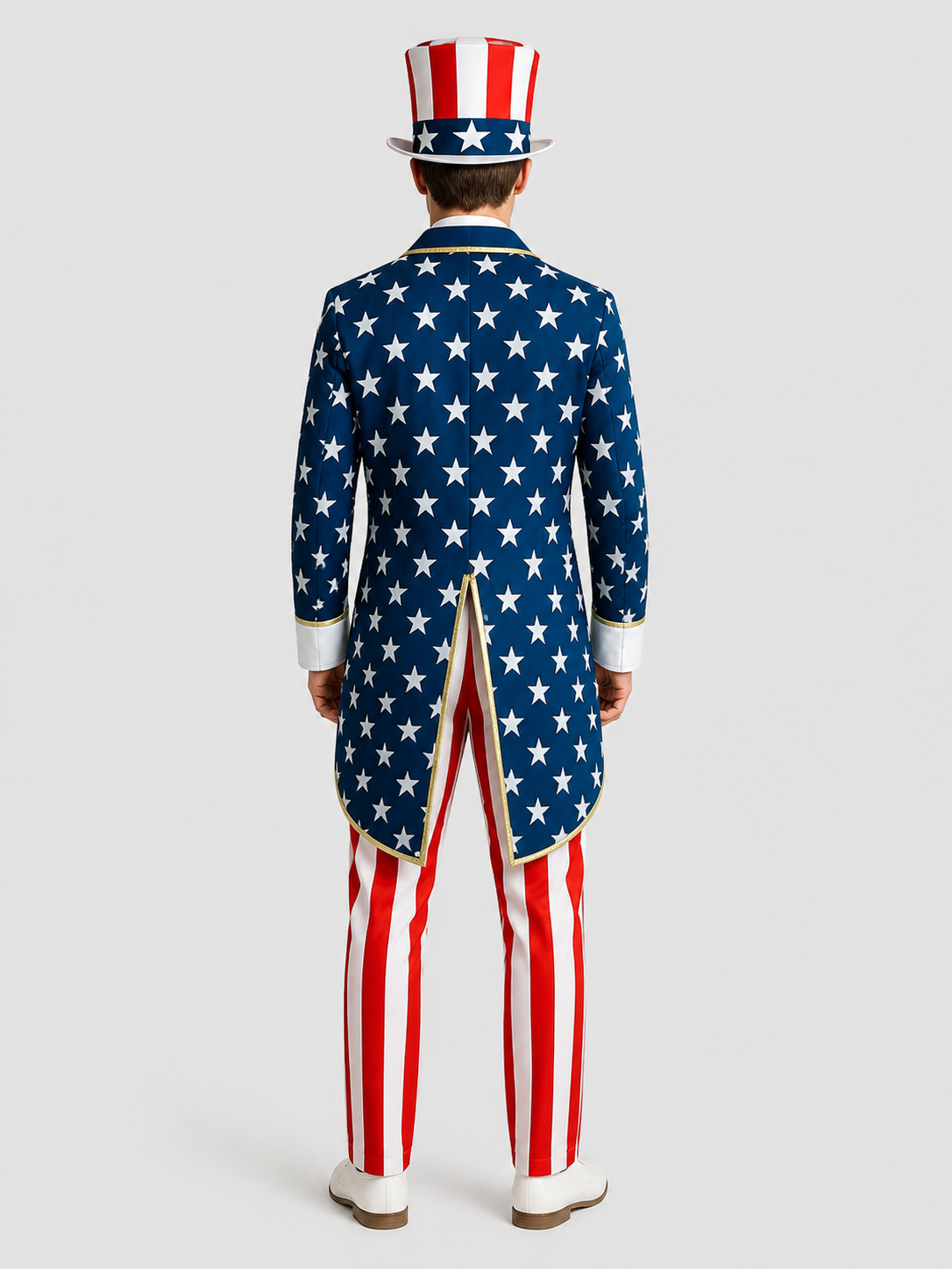 Uncle Sam Costume with Tailcoat, Top Hat, and U.S. Flag back view
