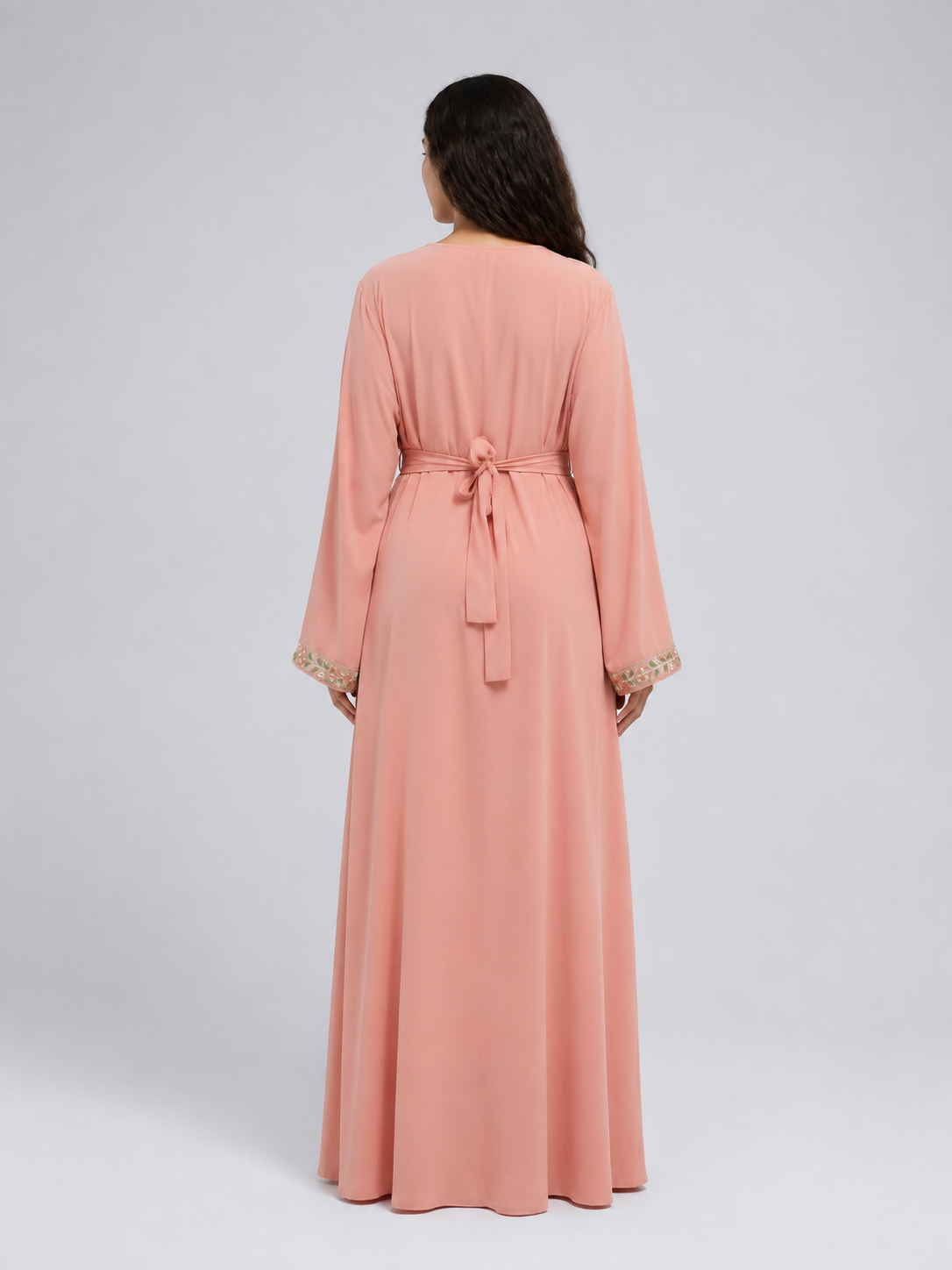 Pink Maxi Dress with Embroidered Trim and Belt back view