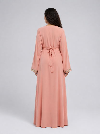 Pink Maxi Dress with Embroidered Trim and Belt back view