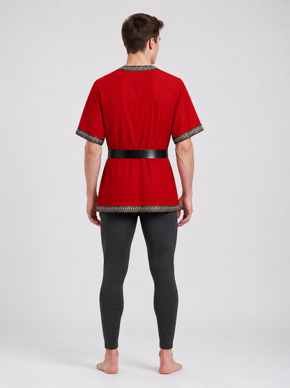 Red Tunic with Belt and Medieval-Style Trim