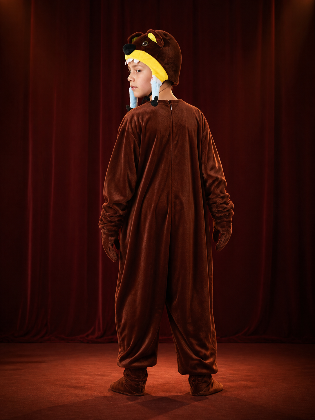 Kids Animal Onesie Costume, Brown Bear Hooded Jumpsuit with Paws for Halloween back view