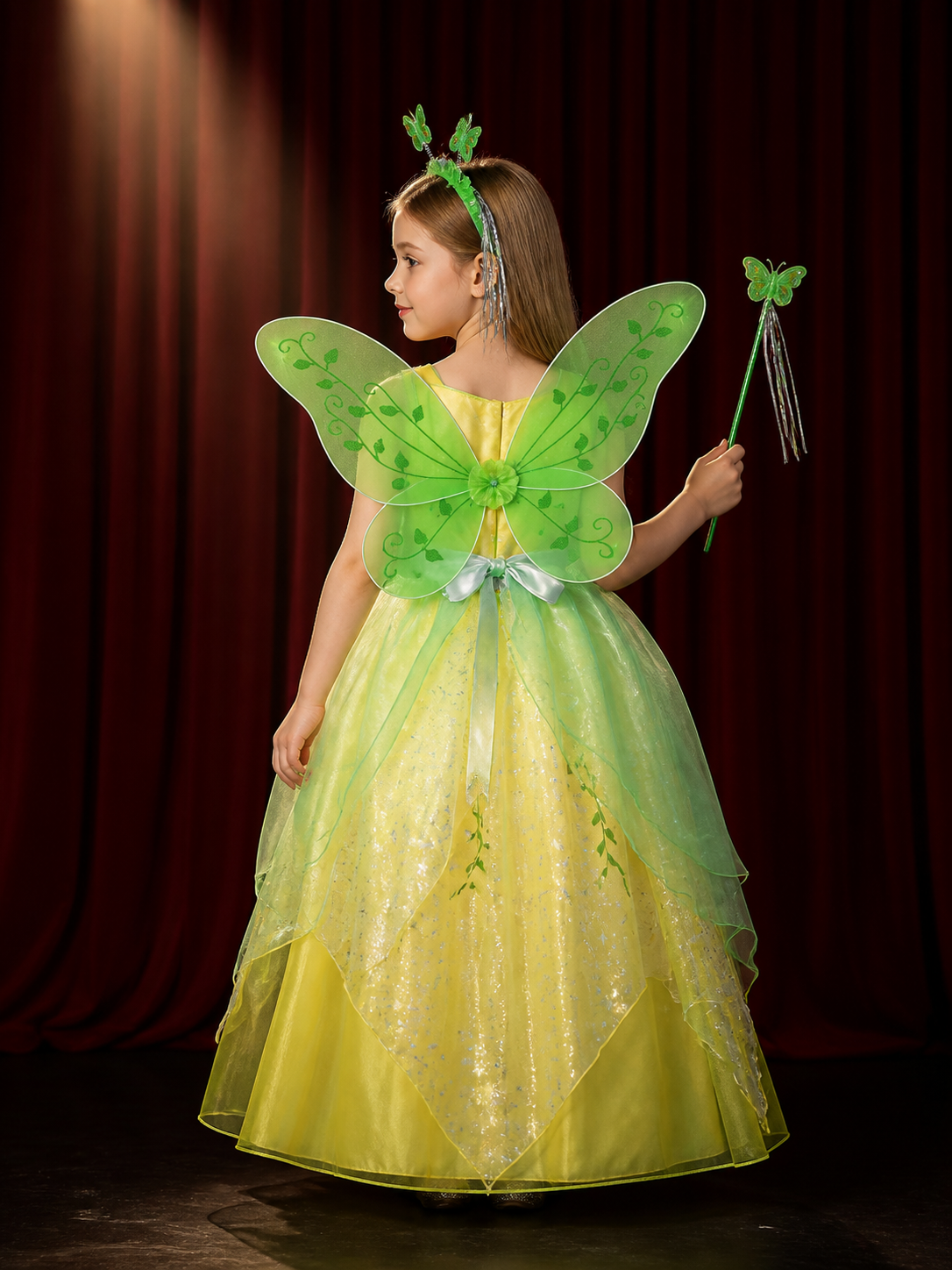 Girls Tinker Bell Fairy Princess Costume Dress Set with Wings & Wand back view