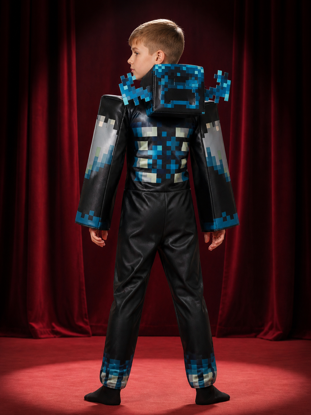 Warden Costume Jumpsuit, Blue Black Pixelated Cosplay Bodysuit with Headpiece back view