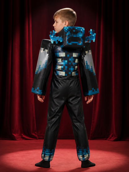 Warden Costume Jumpsuit, Blue Black Pixelated Cosplay Bodysuit with Headpiece back view