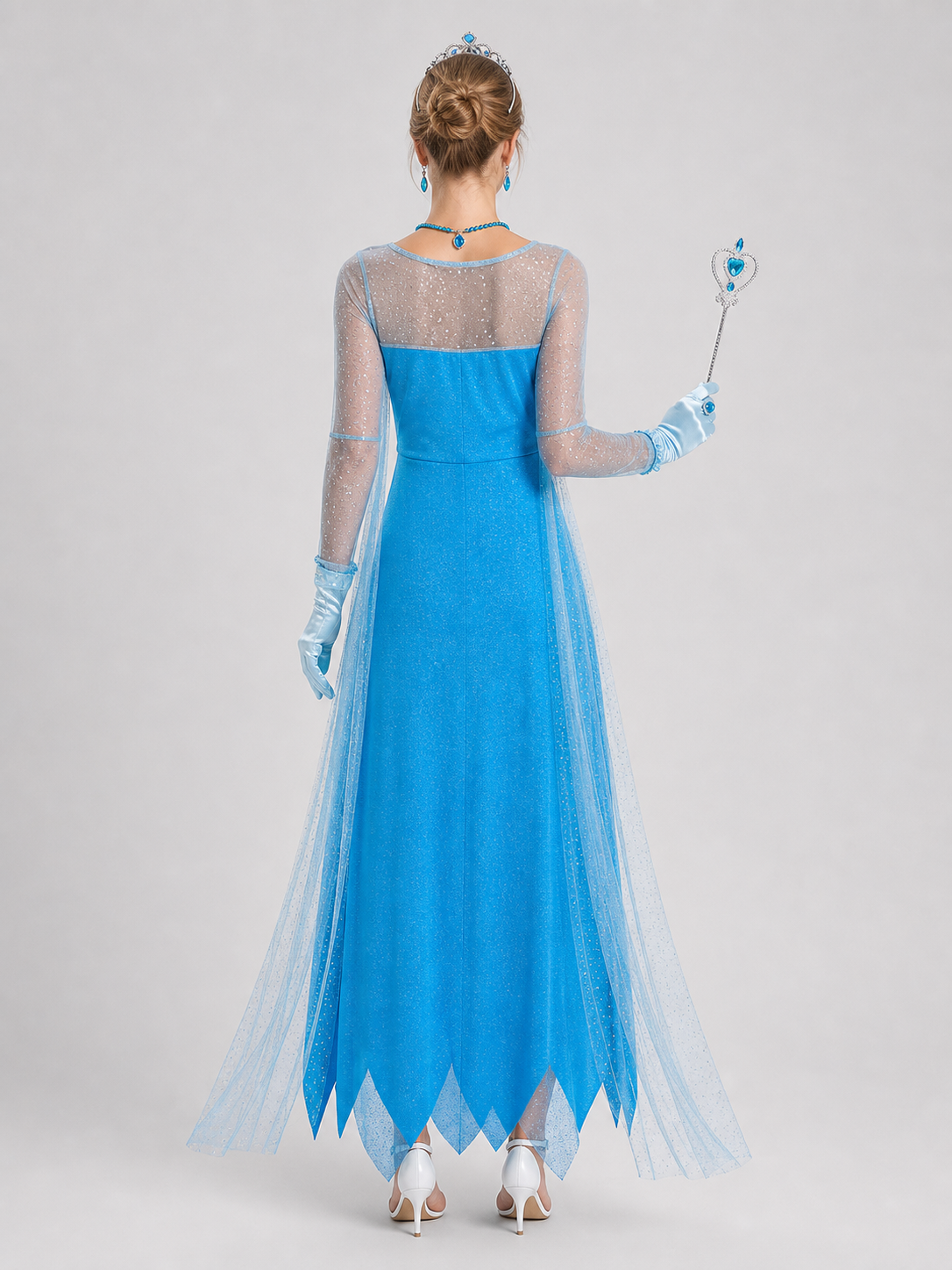 Elsa Blue Long Dress with Crown and Accessories back view