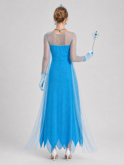 Elsa Blue Long Dress with Crown and Accessories back view