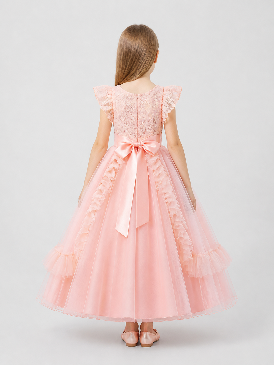 Dressy Pink Princess Dress with Bow and Full Skirt back view