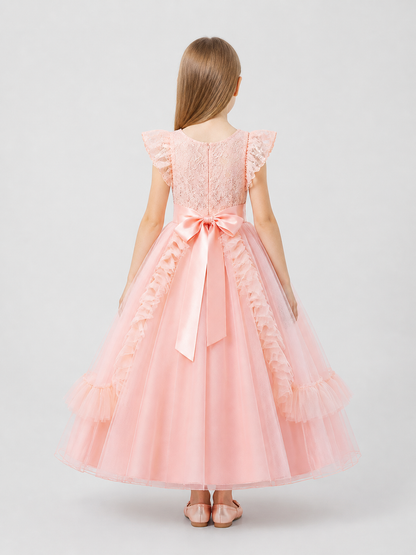 Dressy Pink Princess Dress with Bow and Full Skirt back view