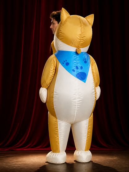 Adult Yellow Cat Inflatable Costume, Animal Suit with Blue Bib and Paw Prints back view