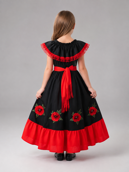 Children's Carnival Dress with Red Ruffle and Belt back view
