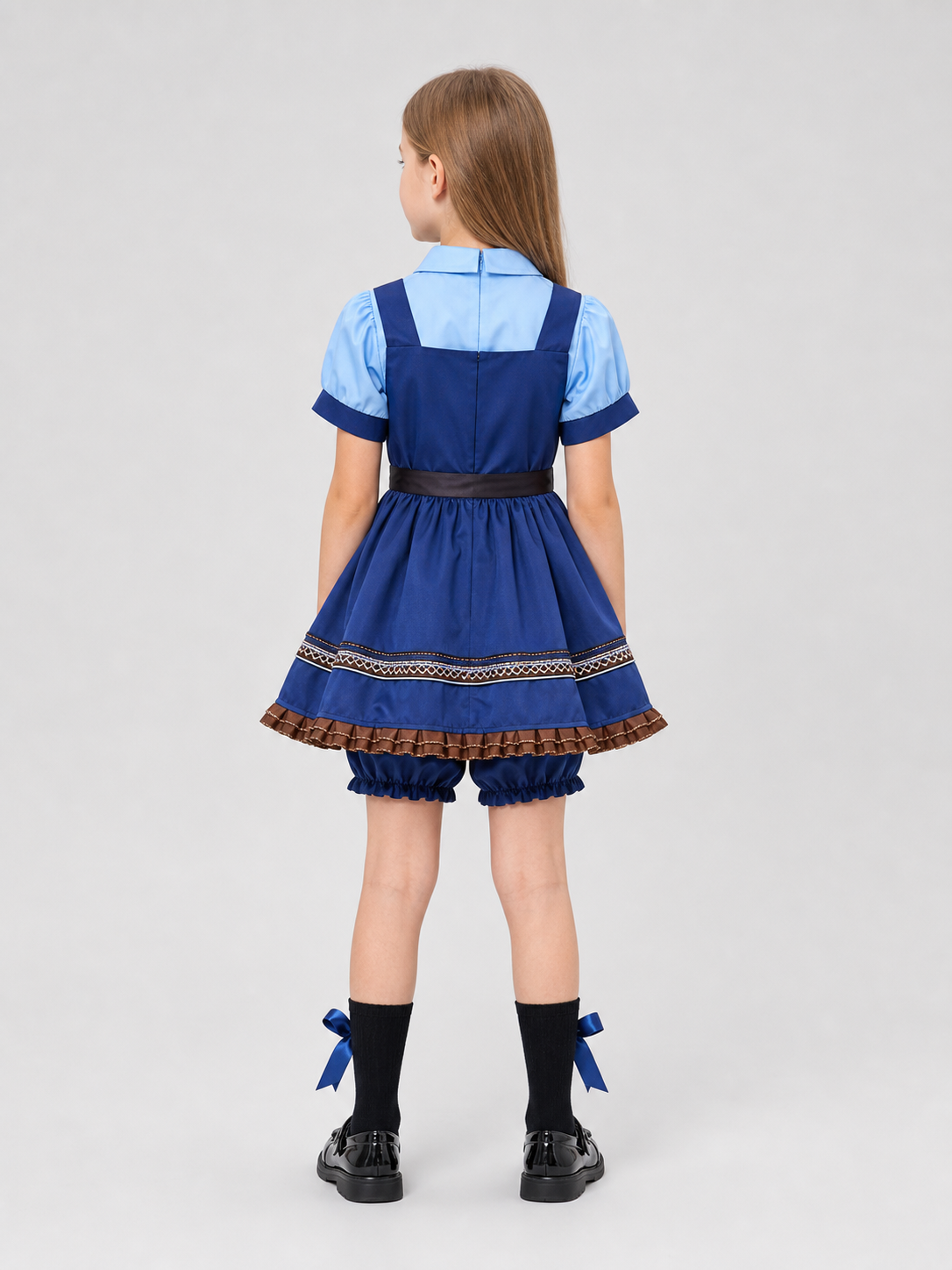 Children’s cosplay dress with collar, tie, and shorts back view