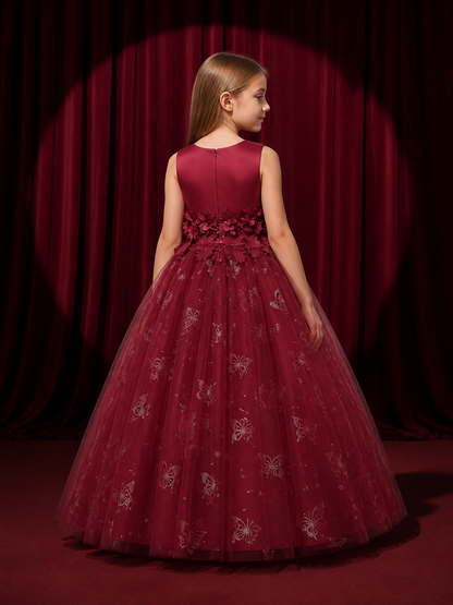 Girls' Princess Dress, Layered Tulle Gown With Satin Bodice, Floral Waist and