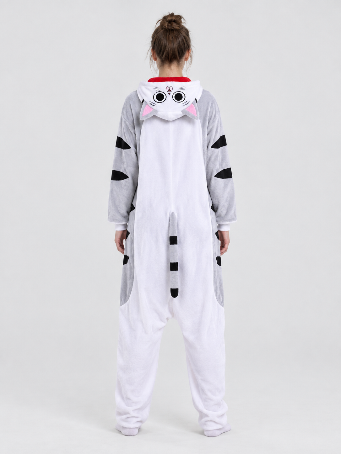 Gray-white hooded pajama jumpsuit with tail