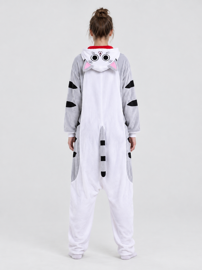 Gray-white hooded pajama jumpsuit with tail