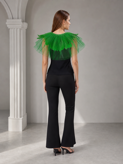 Green Feather Mesh Shawl, Layered Feather Shoulder Cover, Sheer Structured Netting Wrap, Cropped Costume Accessory for Dress Up Styling