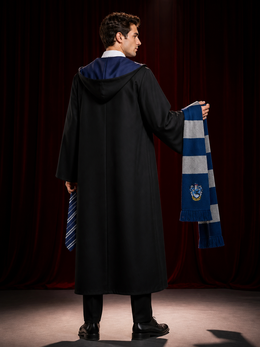 Ravenclaw Wizard Robe Costume Set with Hooded Cloak, Scarf and Tie back view