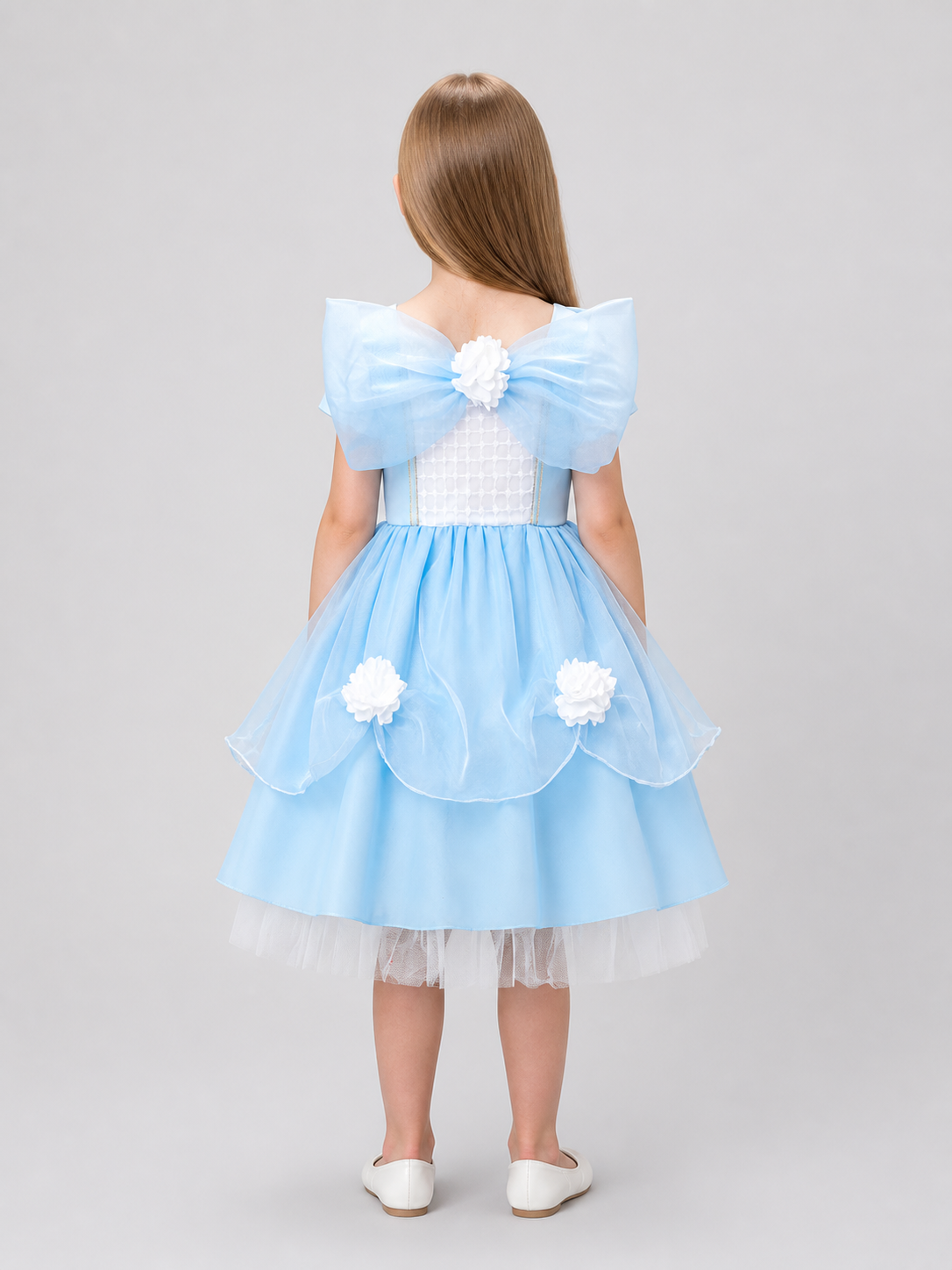 Light Blue Girls’ Princess Dress with Bow and Full Skirt back view