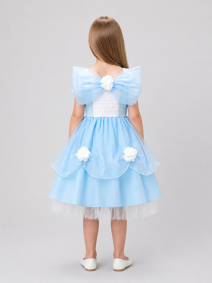 Light Blue Girls’ Princess Dress with Bow and Full Skirt back view