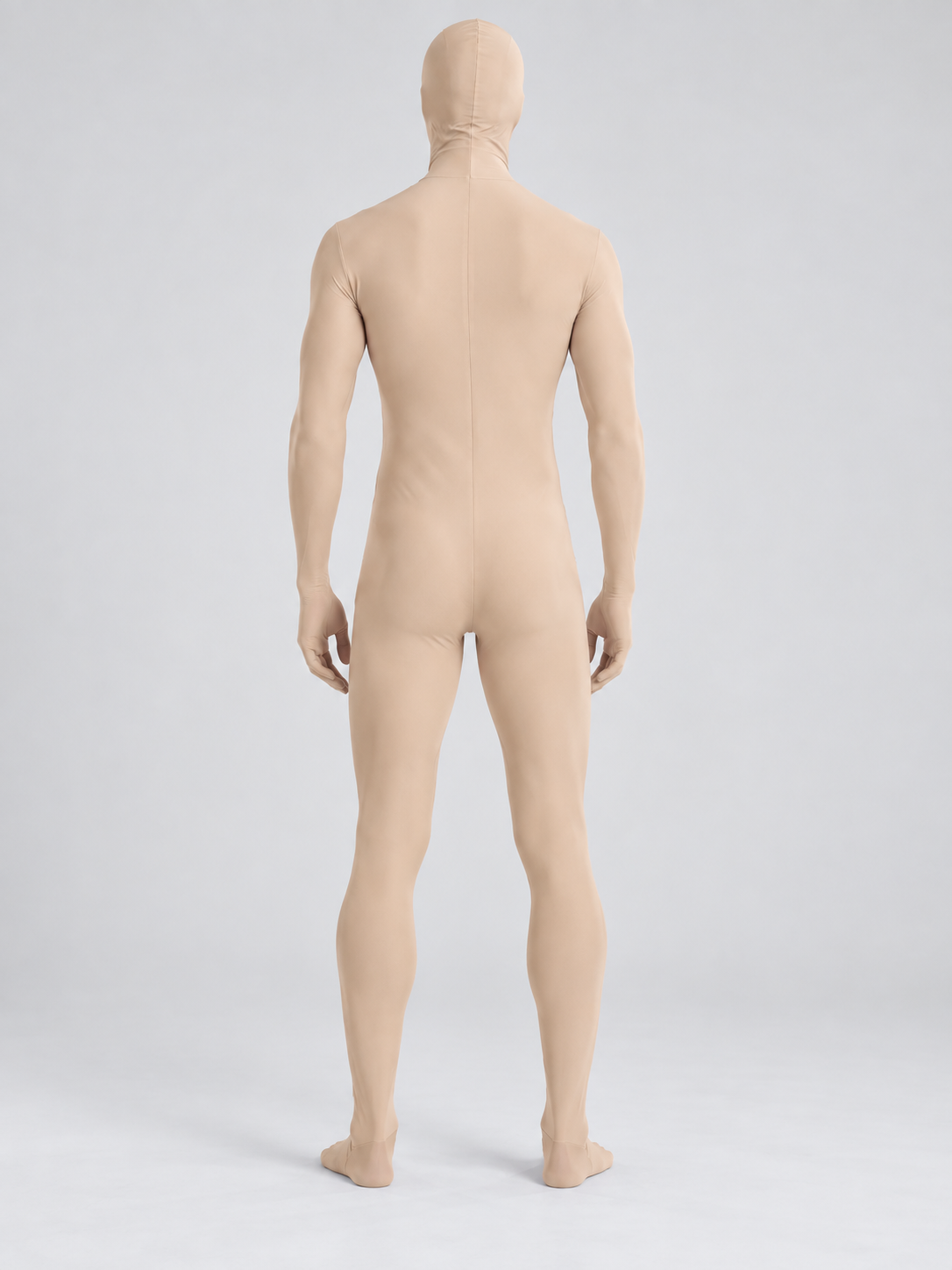 Flesh-toned skintight hooded jumpsuit back view