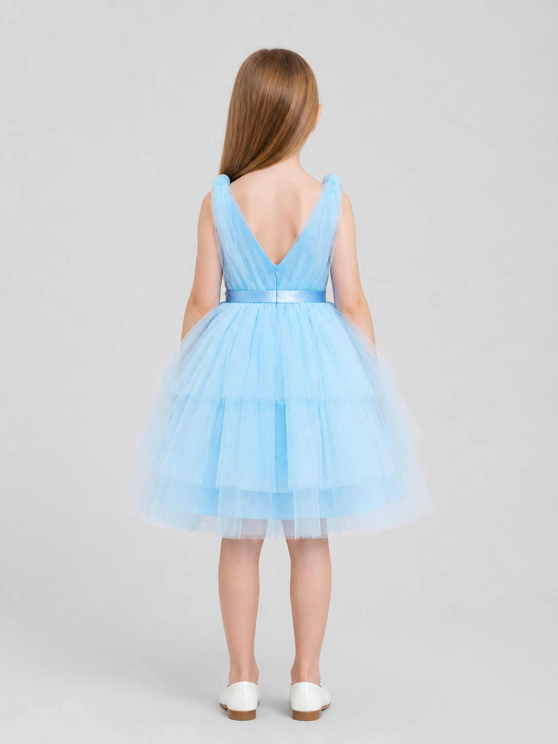 Girls' Princess Dress with Full Skirt, Bows, Light Blue back view