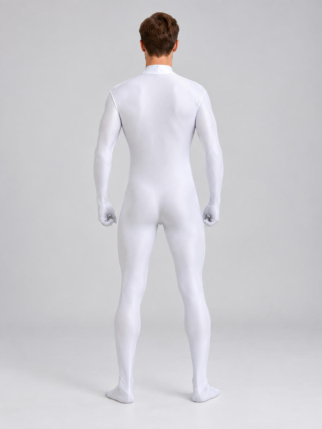 White one-piece form-fitting suit with a stand collar