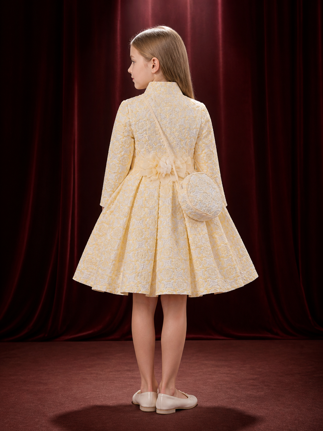 Toddler Girls' Floral Jacquard Princess Dress Three-Piece Set With Jacket back view