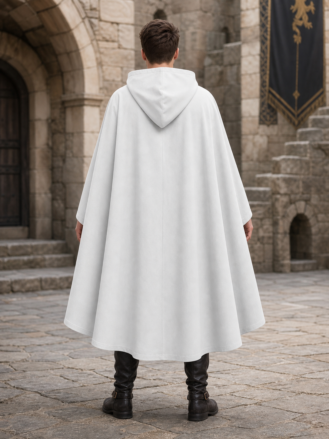 Medieval White Velvet Hooded Long Cloak Cape with Black Bow Tie Front Flared Hem back view 6