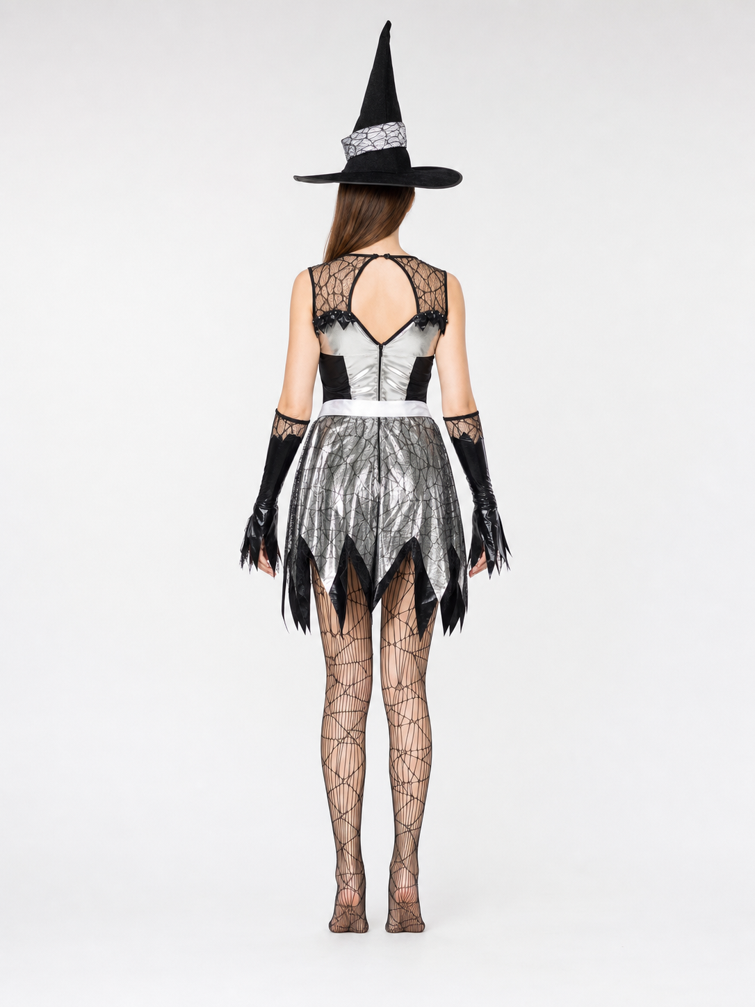 The witch costume is designed in a black, silver, and white color scheme and back view