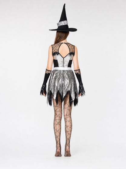 The witch costume is designed in a black, silver, and white color scheme and back view