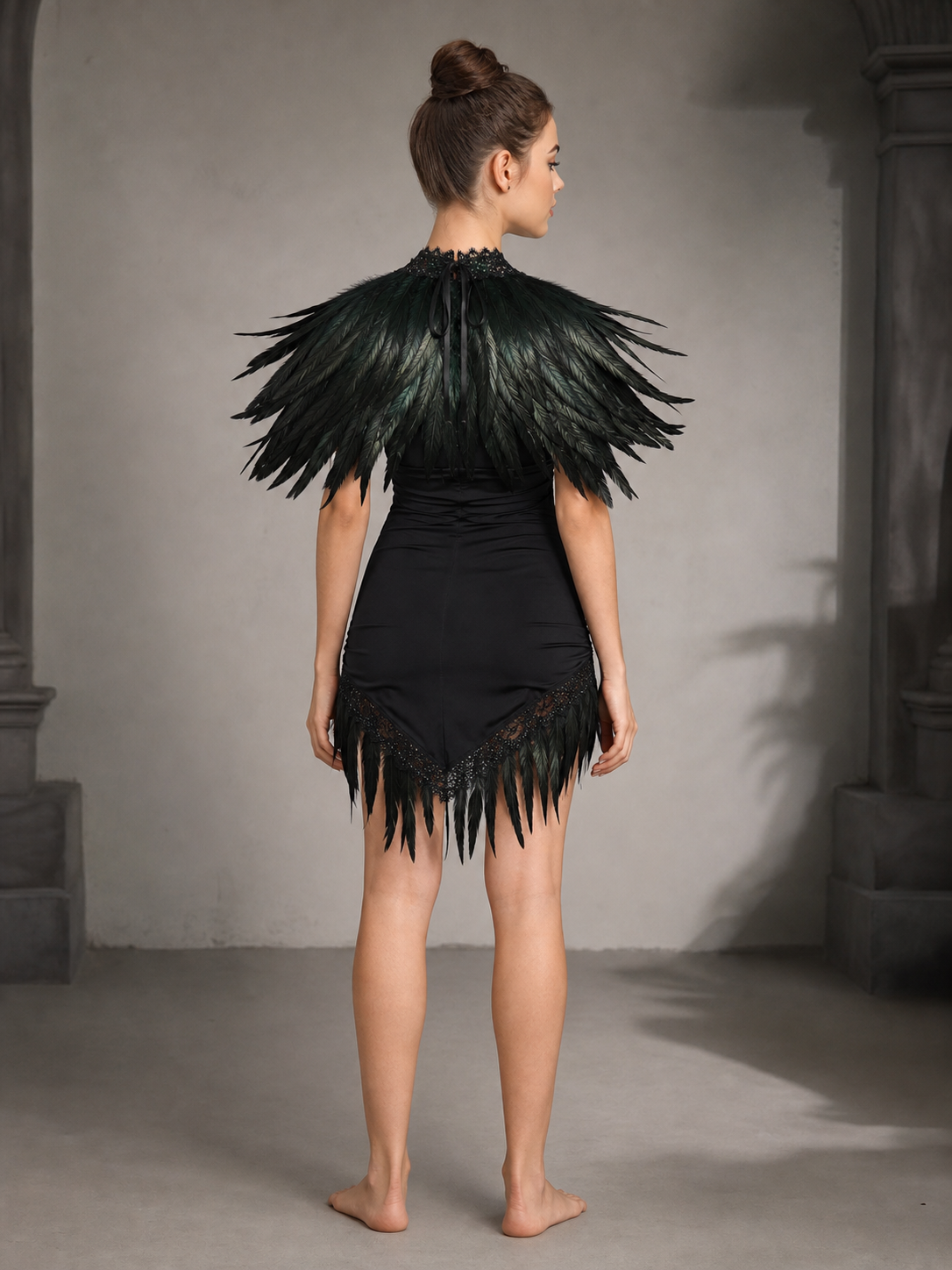 Green And Black Feather Lace Shoulder Shawl, Single-Layer Short Capelet With Front Tie And Wraparound Feather Trim