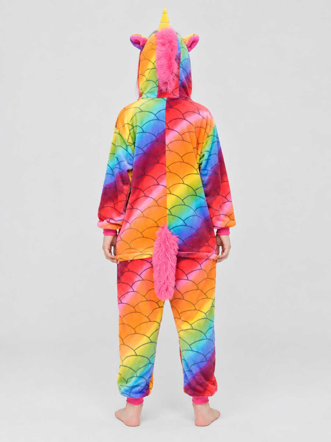 Hooded Pajama Jumpsuit with Horn, Ears, and Rainbow Print