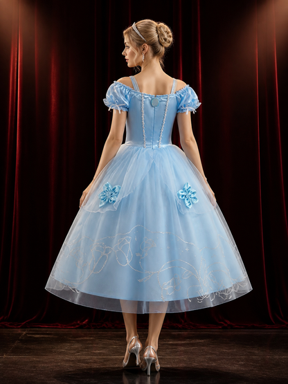 Girls Princess Cosplay Dress Costume, Light Blue Puffy Sleeve Tutu with Silver back view