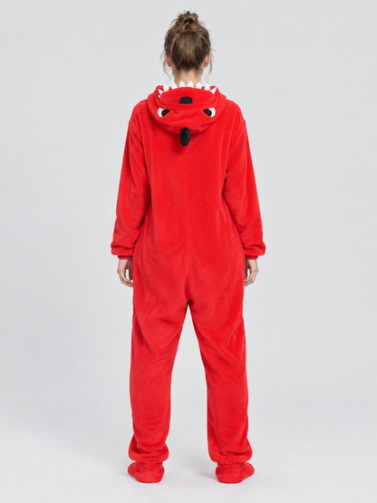 Red and black dragon onesie pajama with a voluminous hood