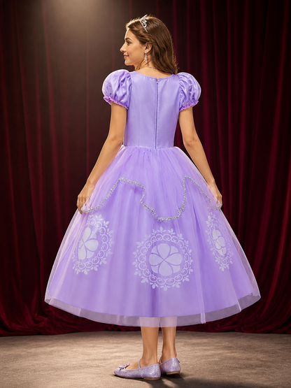 Sofia Princess Costume Set for Girls, White Purple Puffy Dress with Crown and back view