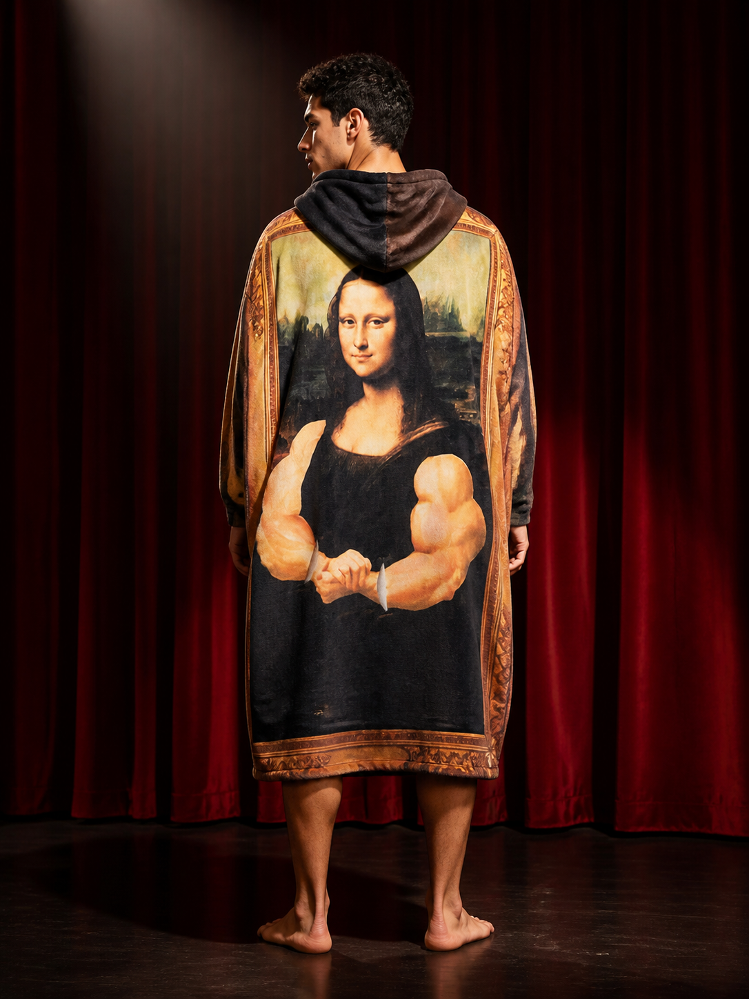Mona Lisa Muscle Bodysuit Costume, Funny Printed Adult Cosplay Outfit back view