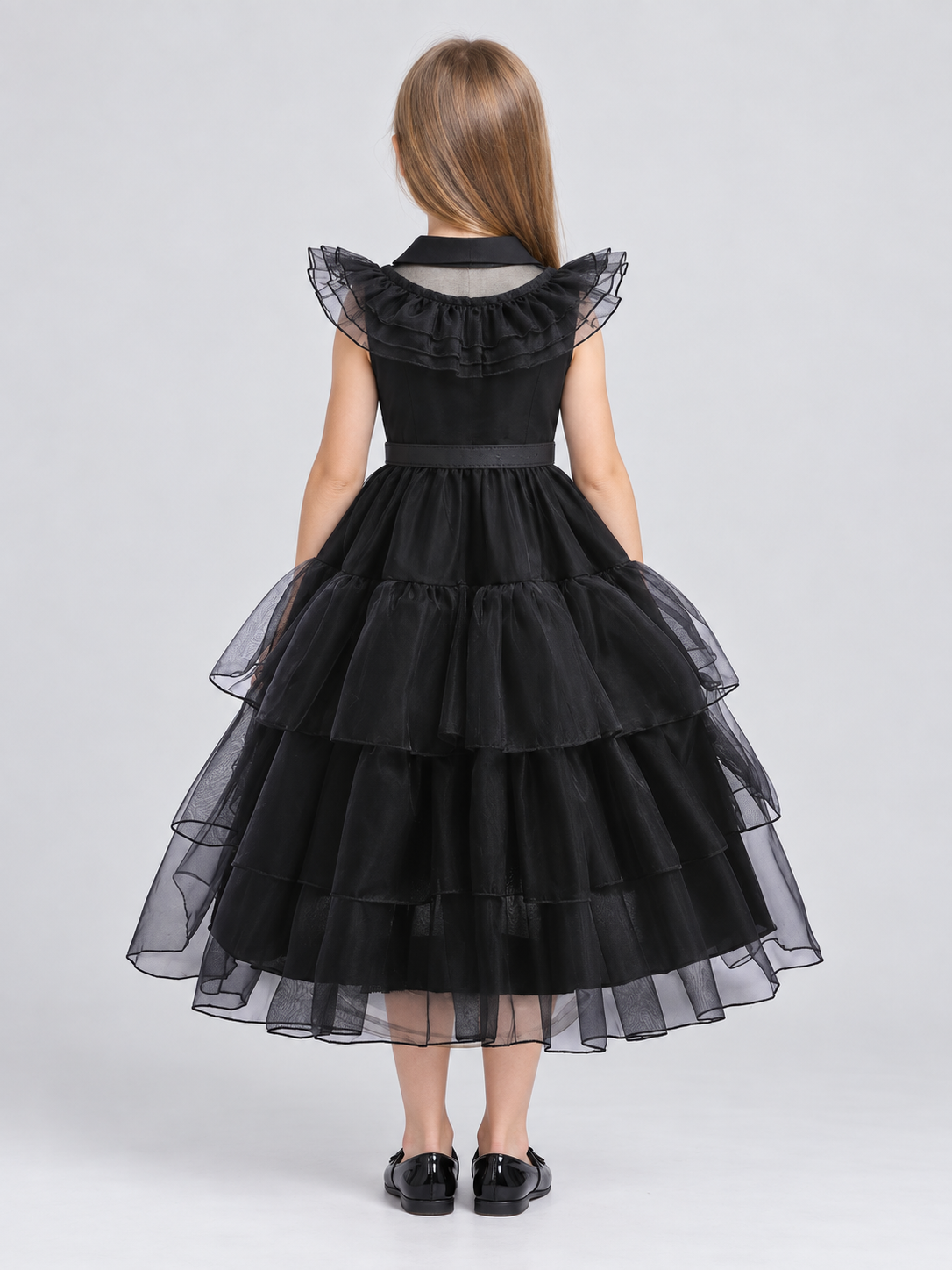 Black Dressy Dress with a Collar and Full Skirt back view