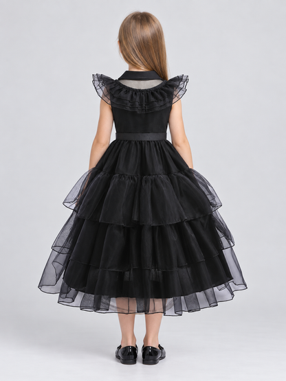 Black Dressy Dress with a Collar and Full Skirt back view